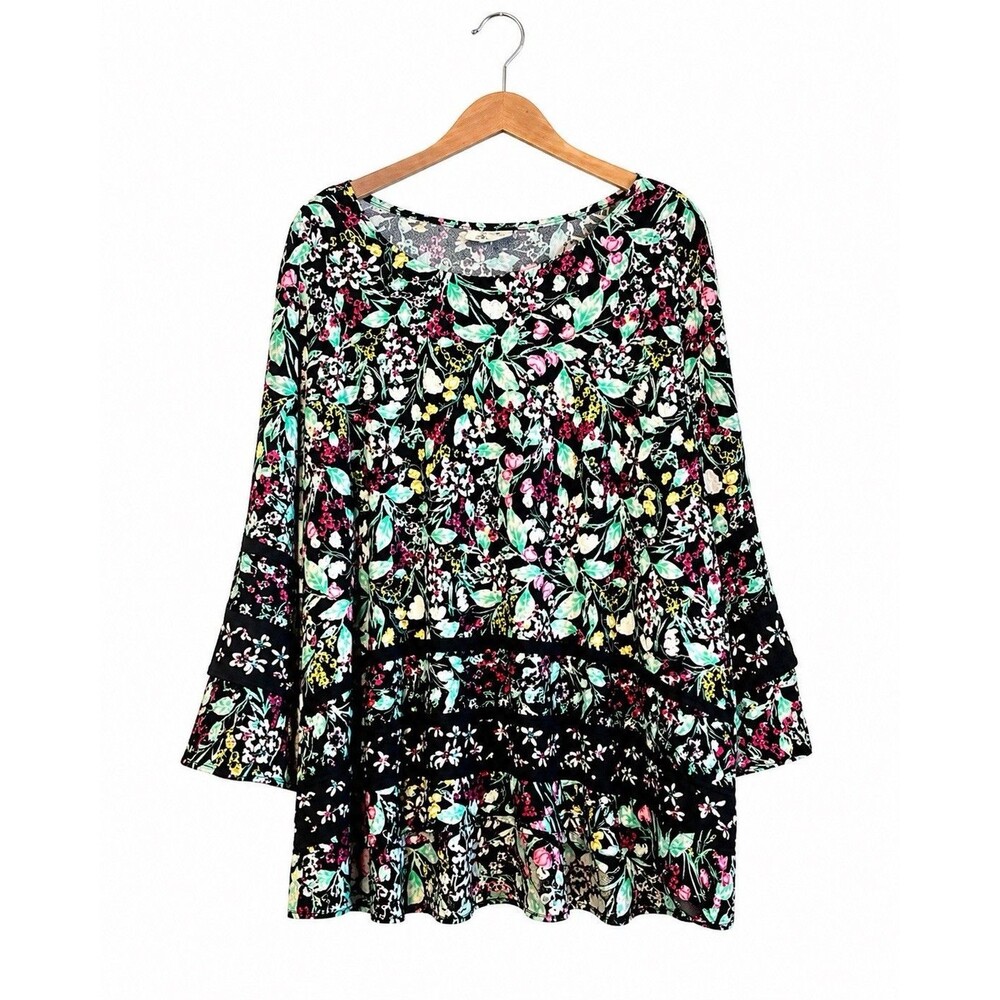 Style & Co Floral Blouse Women’s 2X Black Multicolor Boho Peplum Stretch Top